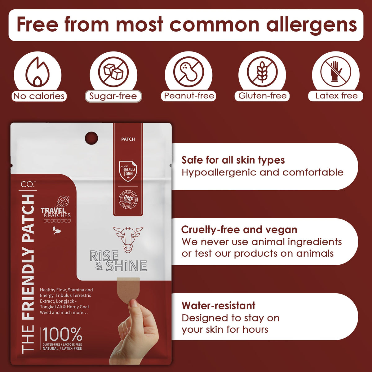 Allergen-free patch pack with comfort, cruelty-free, water-resistant, latex-free icons