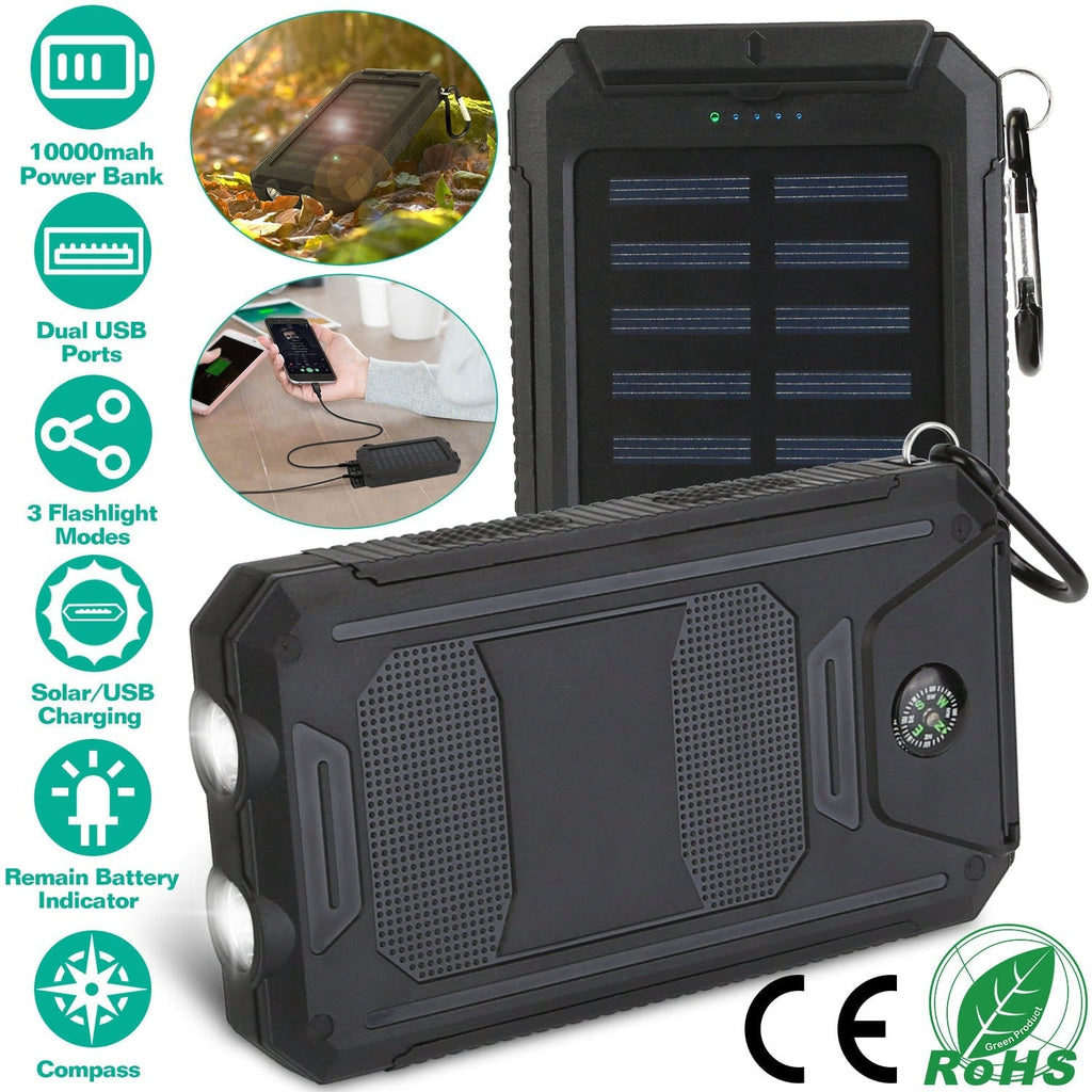 Black solar power bank with compass dial and built-in lantern light side