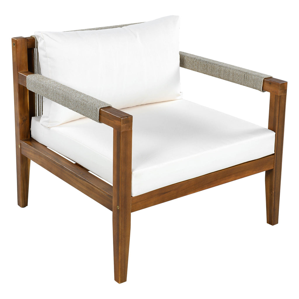 Outdoor accent chair with acacia wood frame, white cushions, gray rope-textured sides