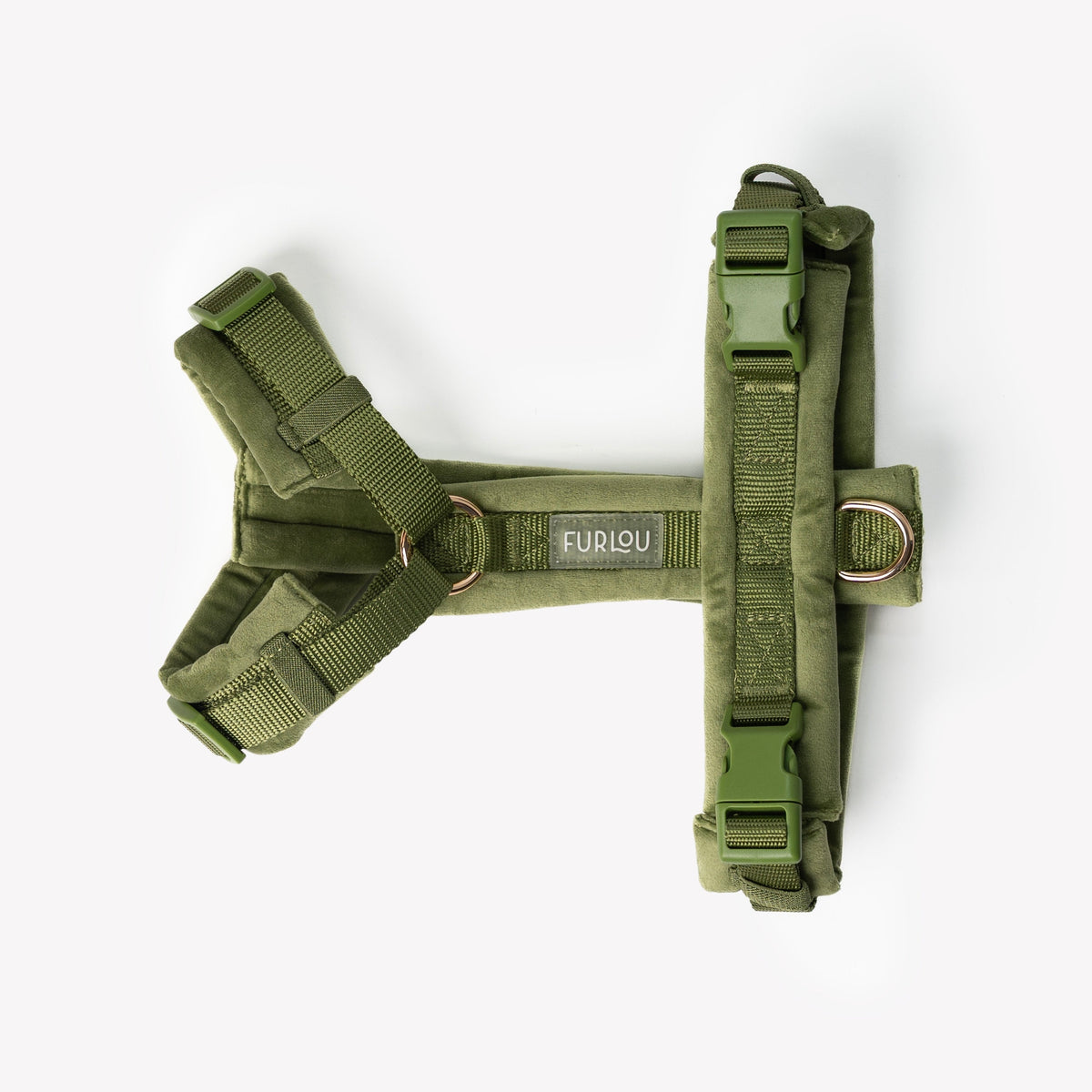 Green velvet dog harness with front chest strap and adjustable side buckles