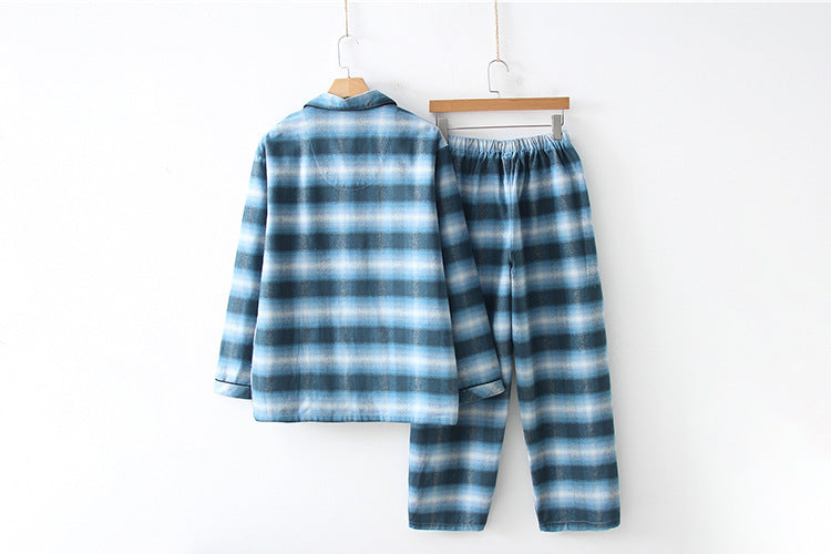 Men's blue plaid pajama set on hangers: long-sleeve button shirt and pants