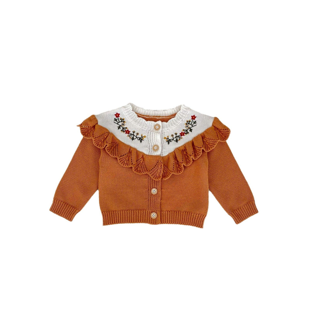 Camel baby cardigan, white embroidered yoke with flower details, ruffle trim, long sleeves