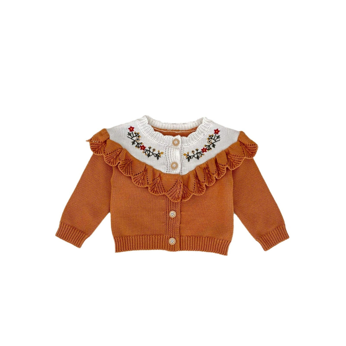 Camel baby cardigan, white embroidered yoke with flower details, ruffle trim, long sleeves