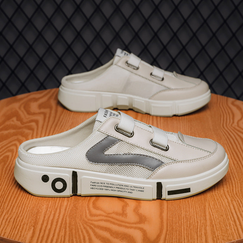 Breathable mesh half slippers, white, closed toe, dual buckle straps, textured mesh