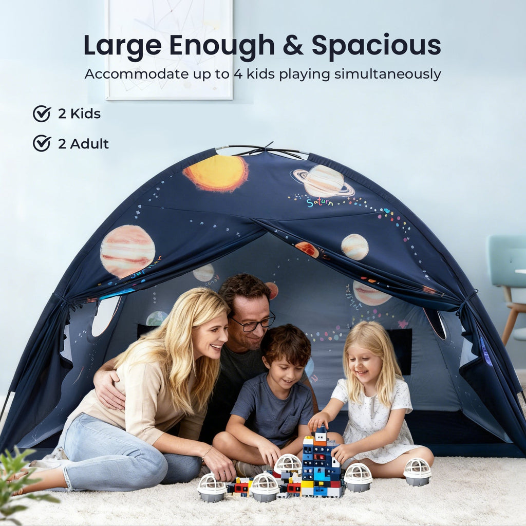 Kids bed tent in dark navy with space print, pointed roof and open entrance