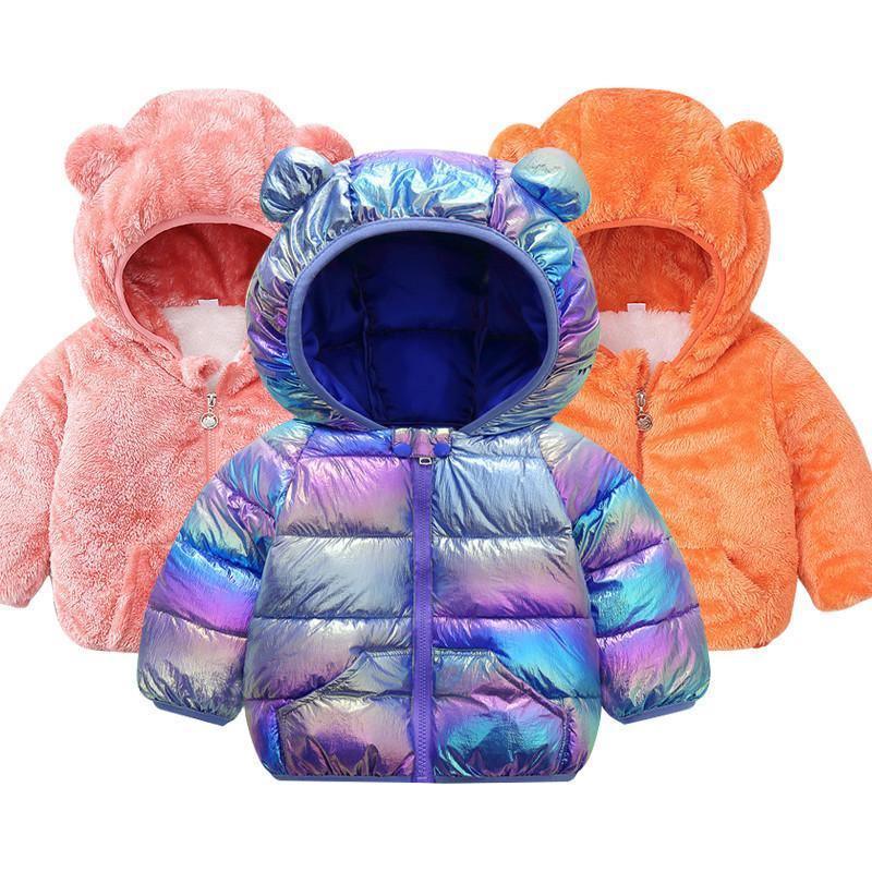 Shiny hooded puffer coat with bear-ear hood, metallic blue-purple, full zip