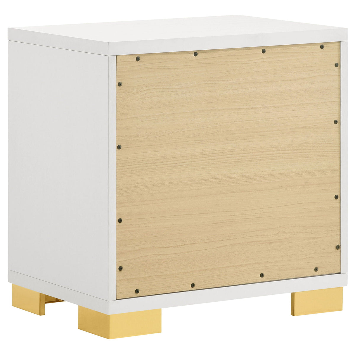 White drawer nightstand with light wood back panel and four corner legs
