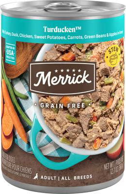 Merrick grain-free Turducken wet dog food can with pictured recipe ingredients inside