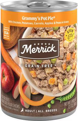 Grain-free wet dog food can with Grammys Pot Pie front label