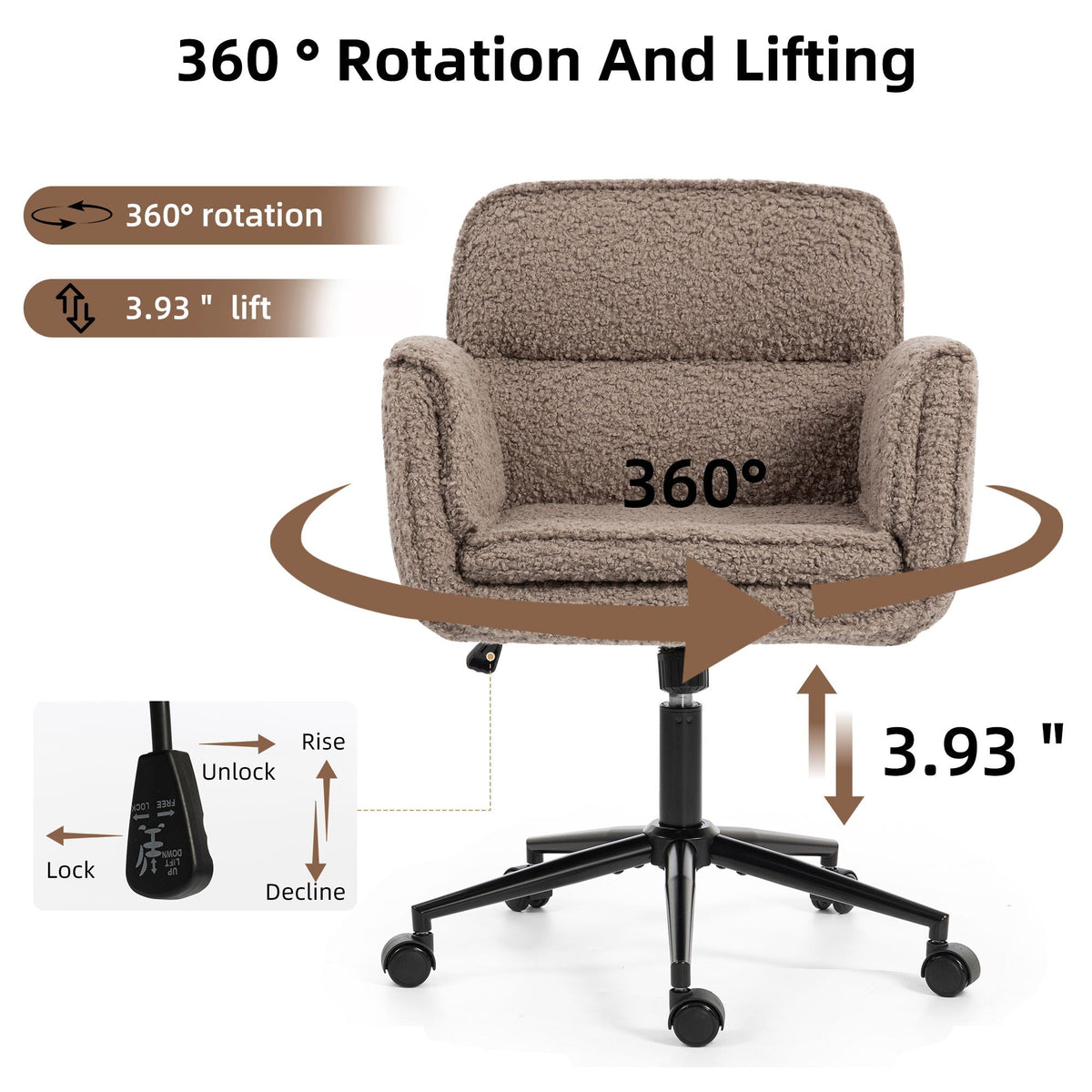 Brown textured fabric swivel desk chair with padded armrests and caster base