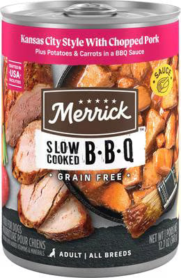 Merrick slow-cooked BBQ Kansas City style grain-free wet dog food can, 12.7 oz
