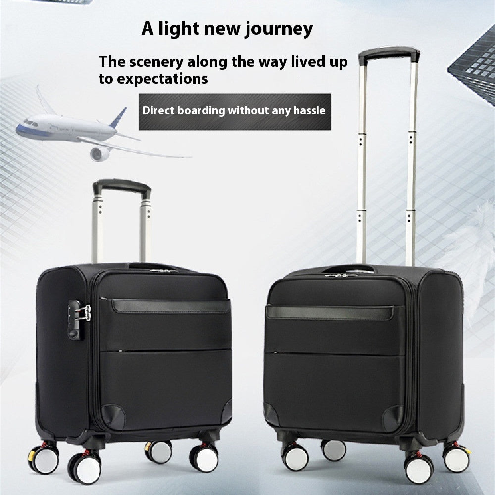 Black rolling boarding suitcase with telescoping handle and four spinner wheels.