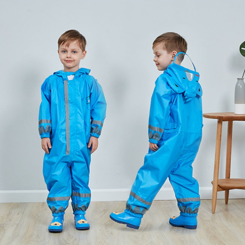 Blue kids conjoined raincoat with hood, full-length pants, and reflective cuff bands