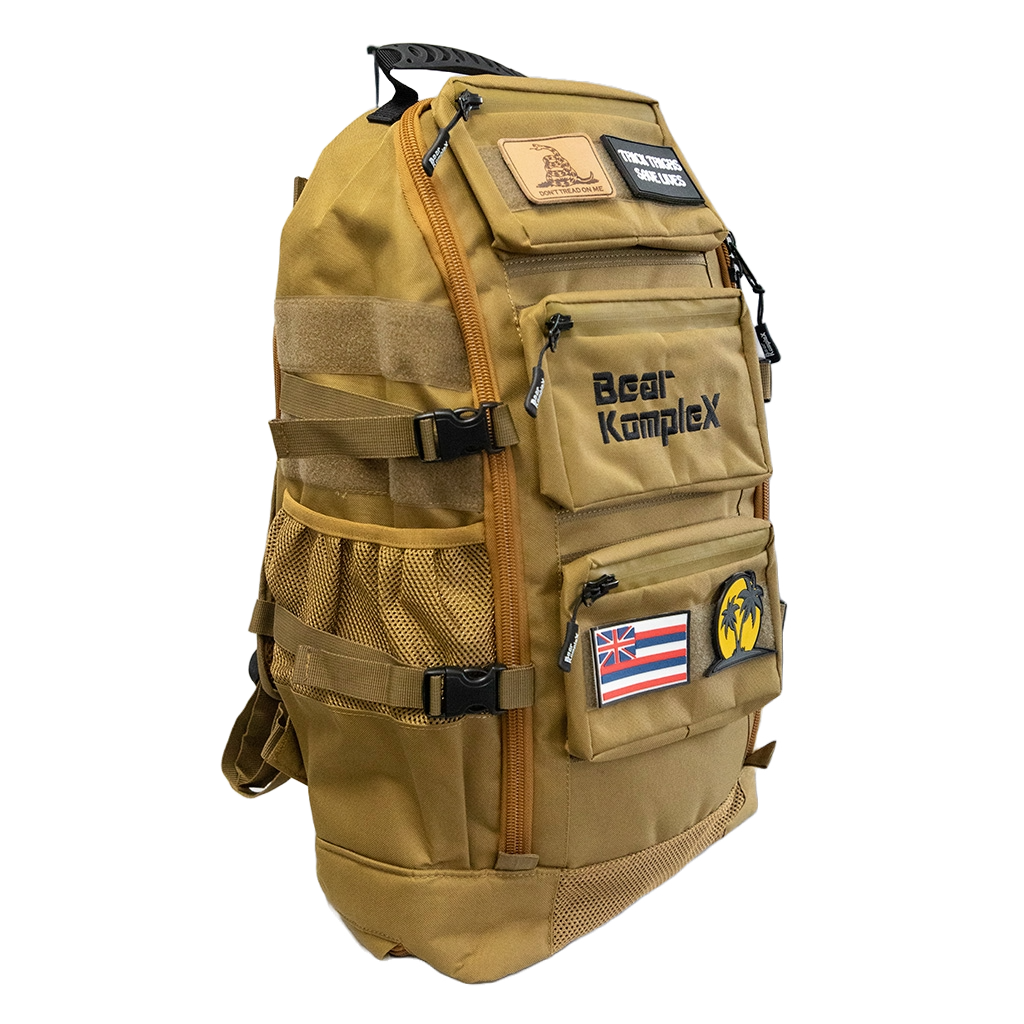 BKX military backpack in desert tan with patch panel, side MOLLE and zip compartments