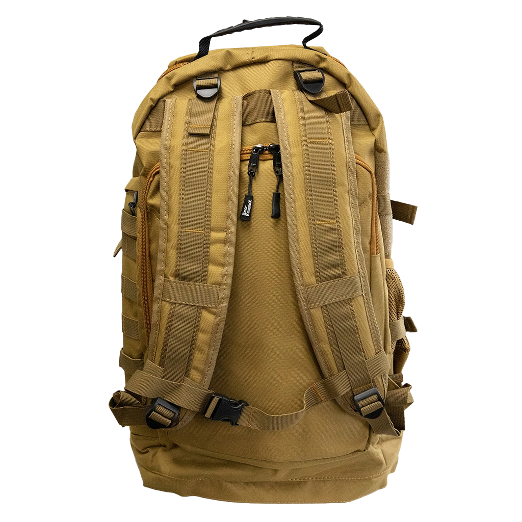 BKX military backpack in desert tan with padded shoulder straps and front webbing