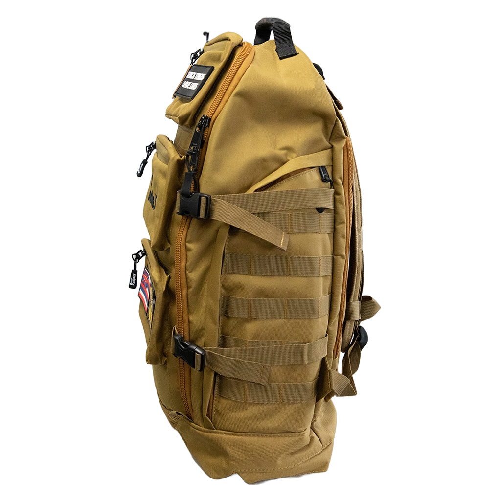 BKX military backpack in desert tan with MOLLE straps and front zip pockets