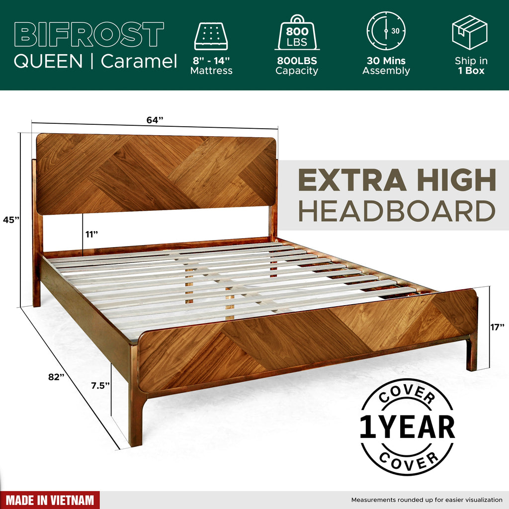 Caramel wood bed frame diagram with extra-high headboard and slatted foundation