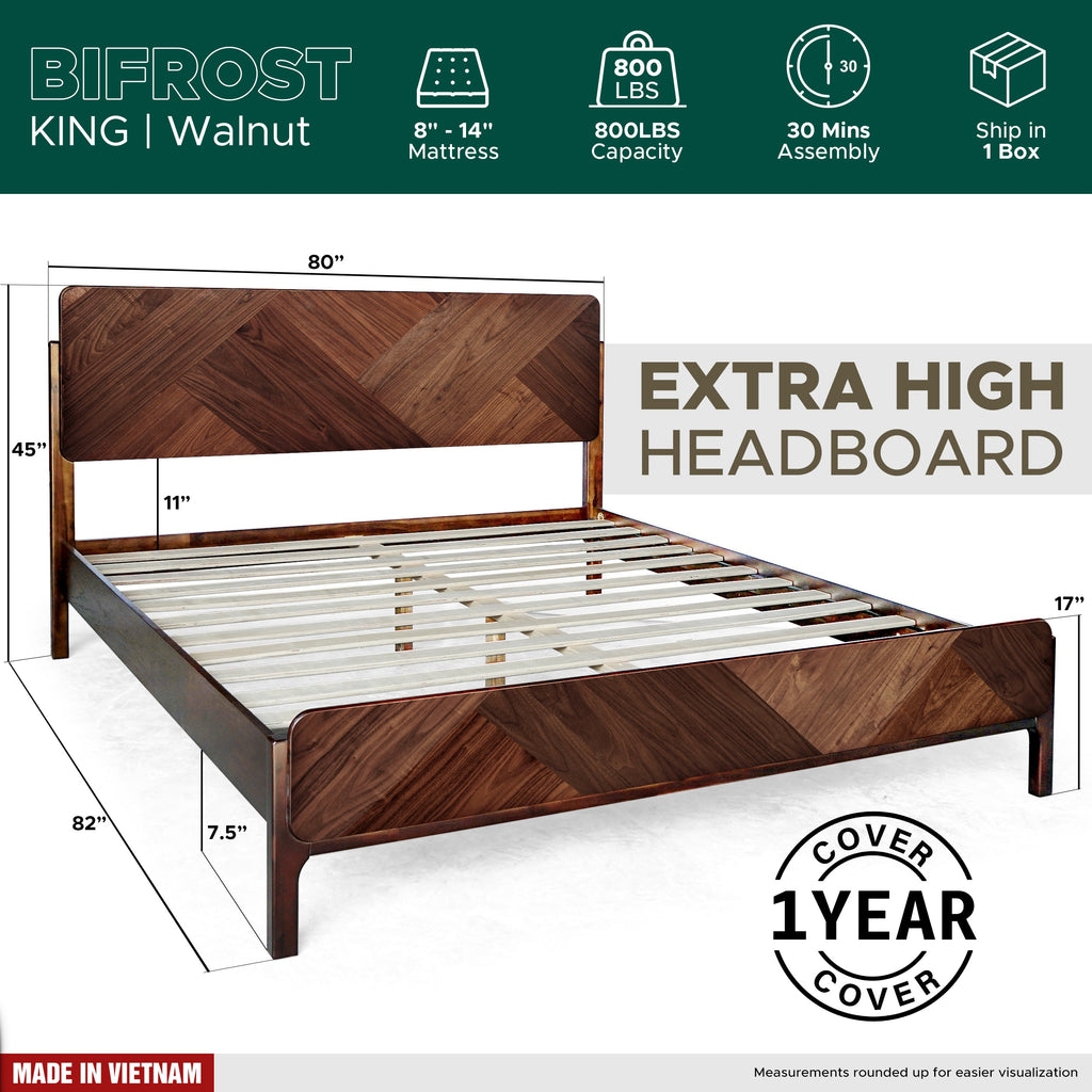 Walnut solid wood bed frame with extra-high headboard and slatted support.
