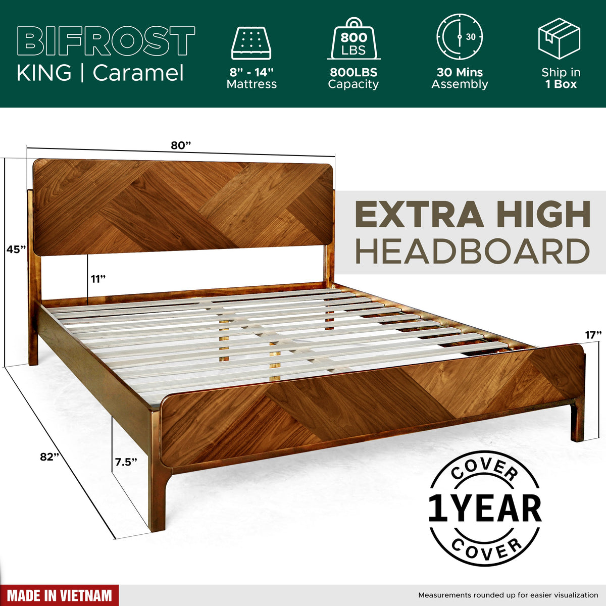 Caramel wood bed frame diagram with extra-high headboard and slatted foundation
