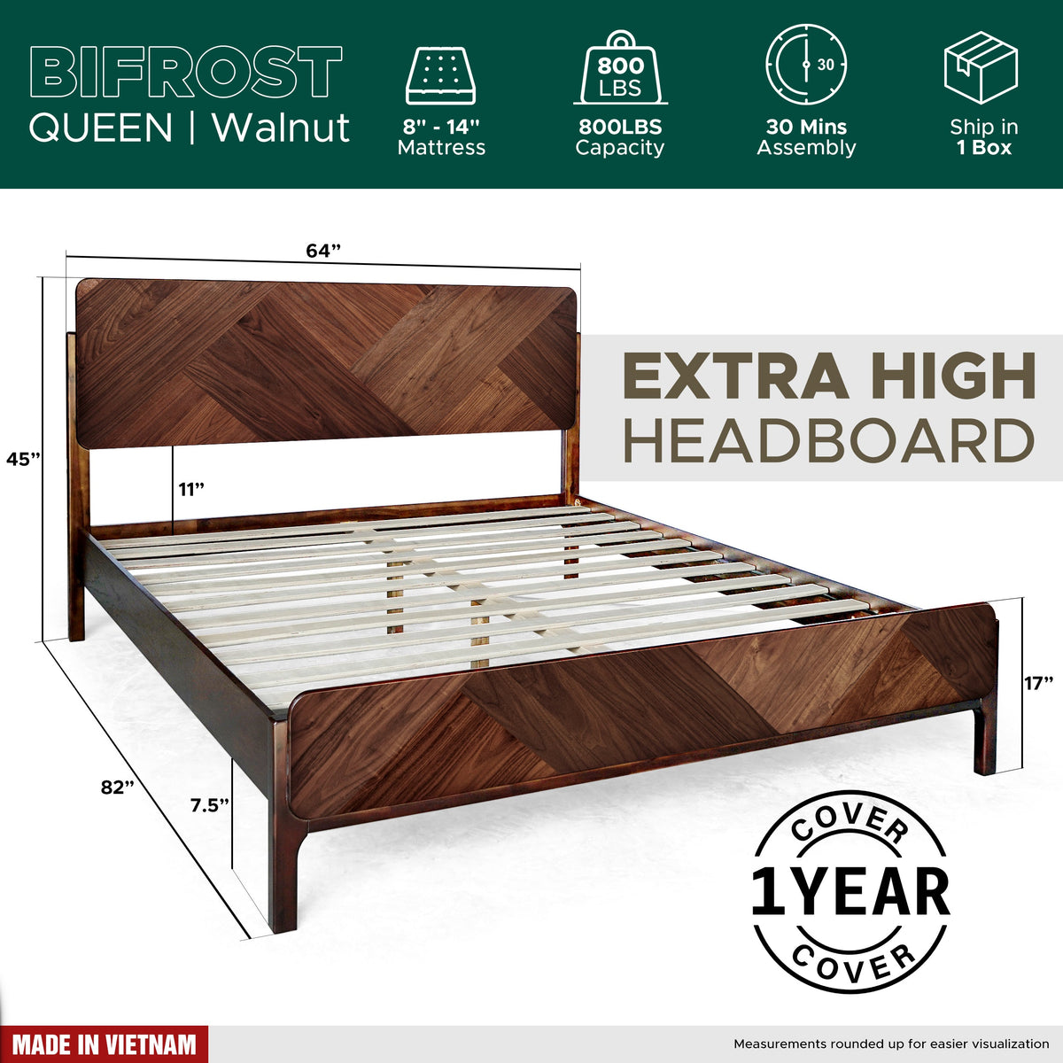 Walnut solid wood queen bed frame with extra-high headboard and slatted base.