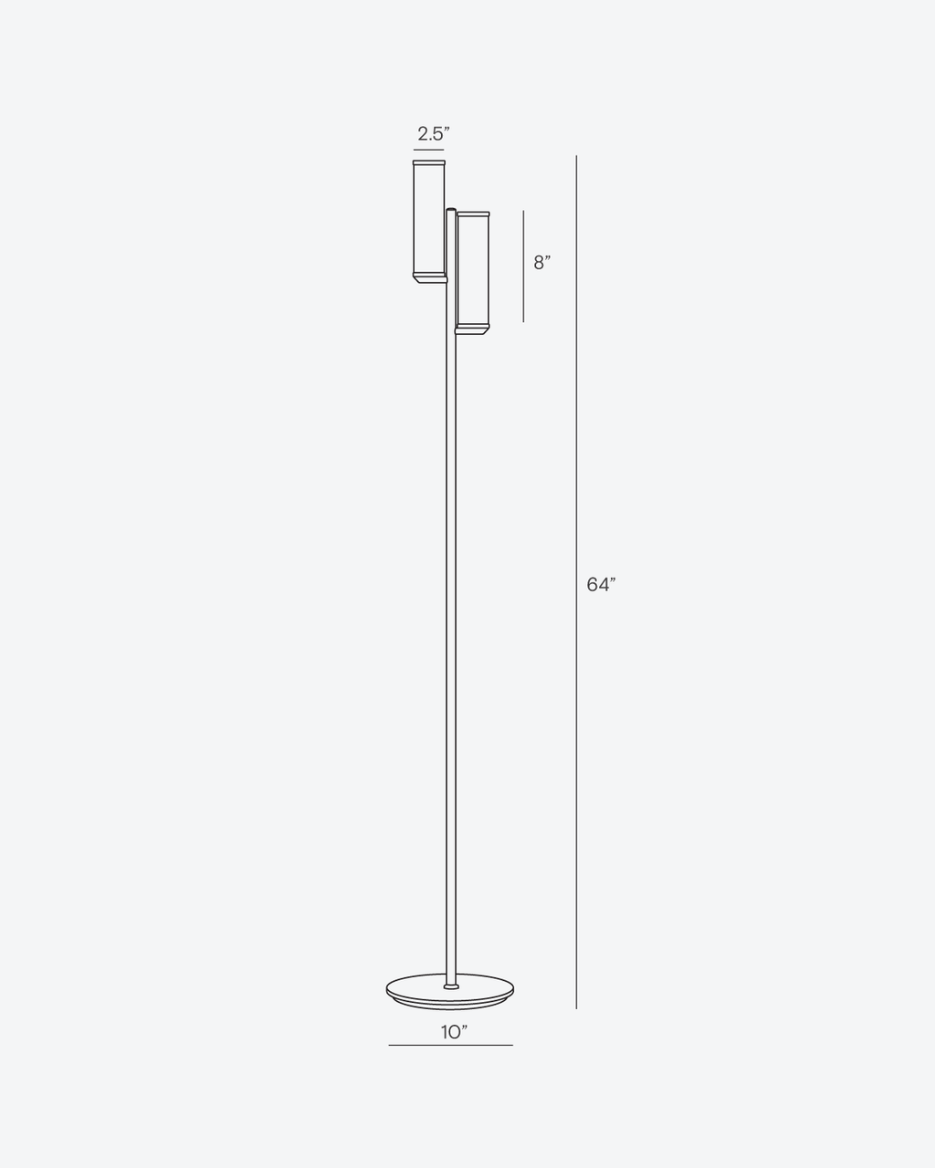 Floor lamp technical drawing with slim pole, two frosted shades, and size marks
