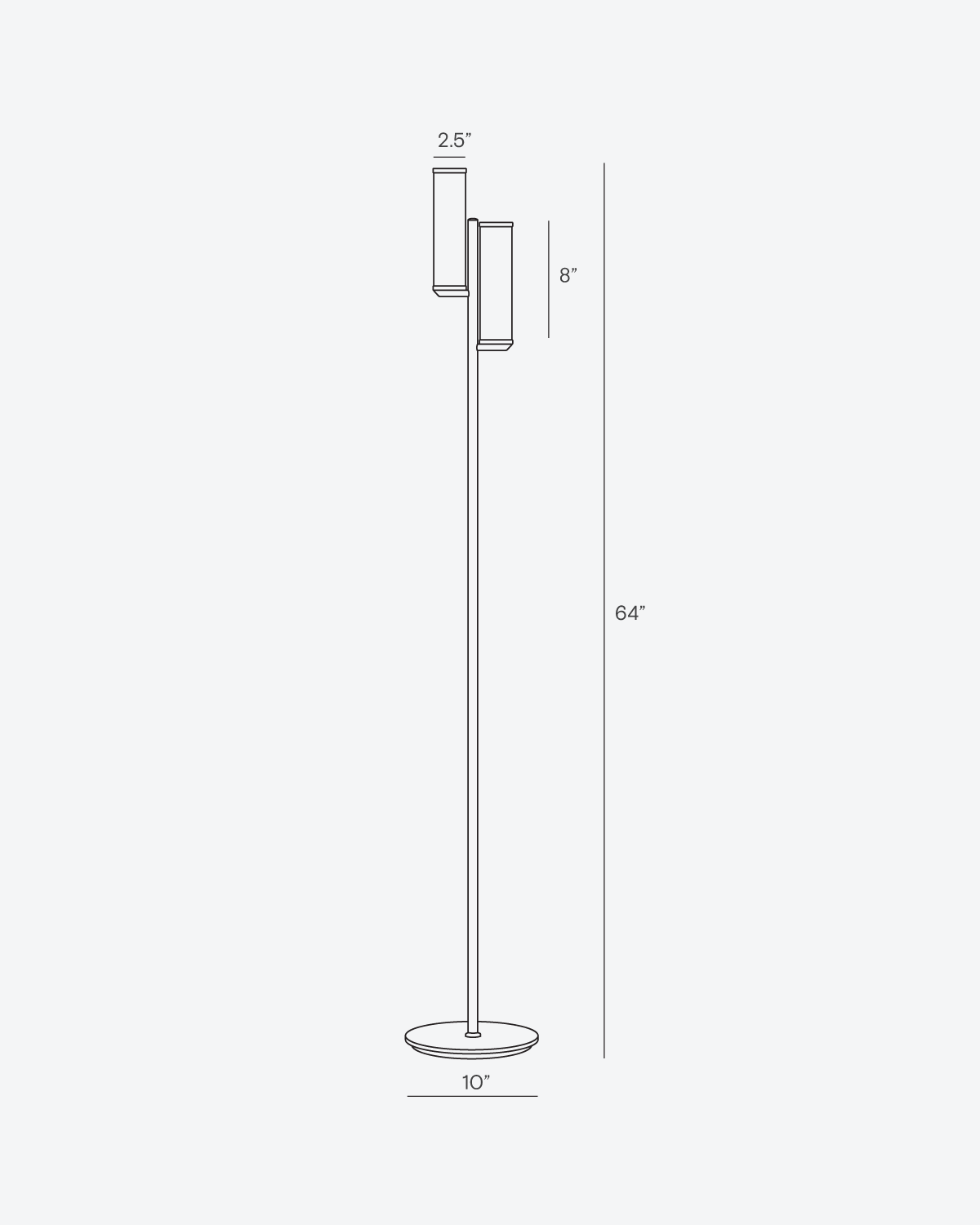 Floor lamp technical drawing with slim pole, two frosted shades, and size marks