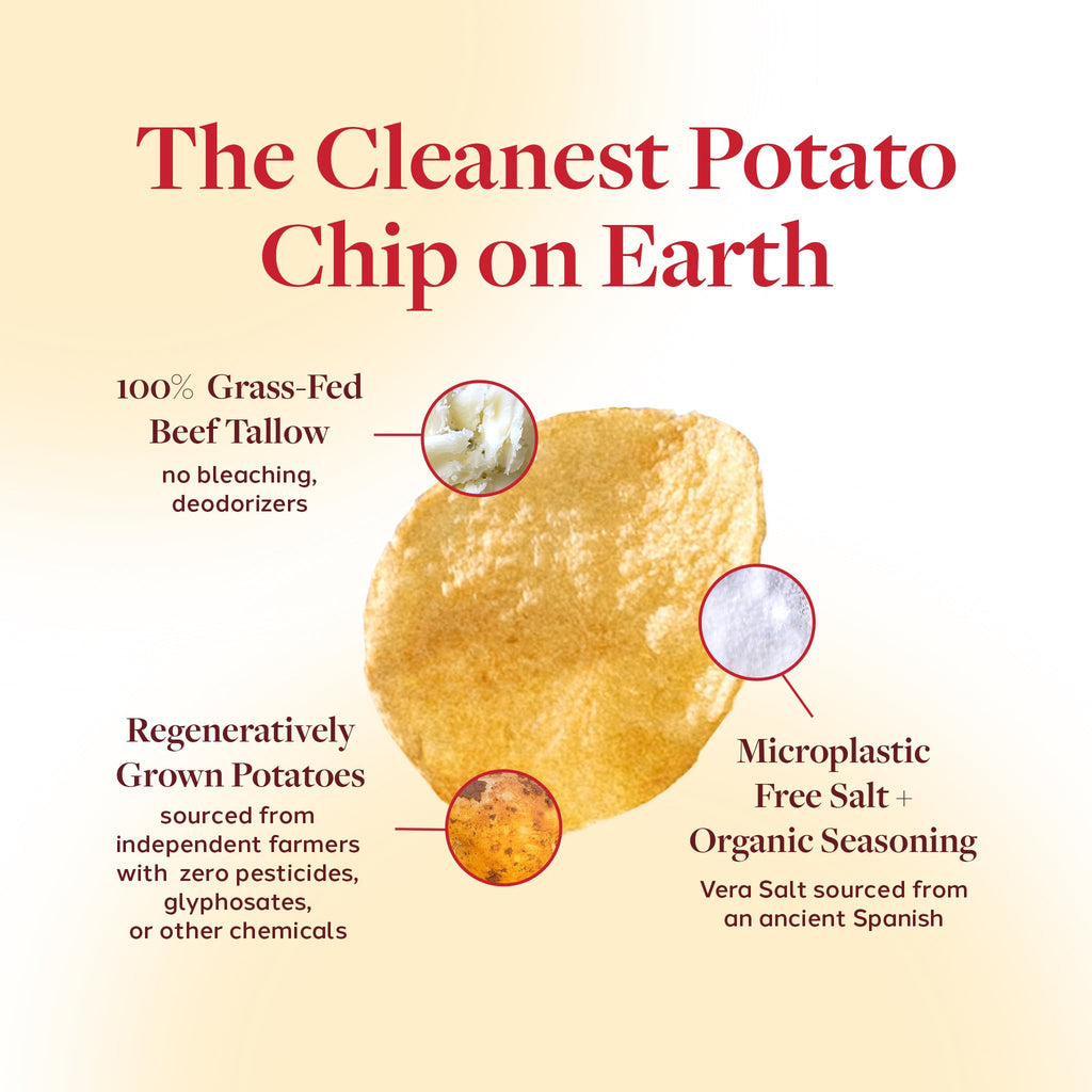 Tallow potato chips product info graphic with chip illustration and ingredient callouts