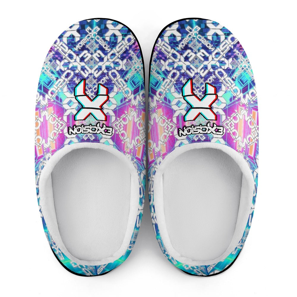 Pair of cotton slippers with blue and purple patterned uppers, white interiors, black edging