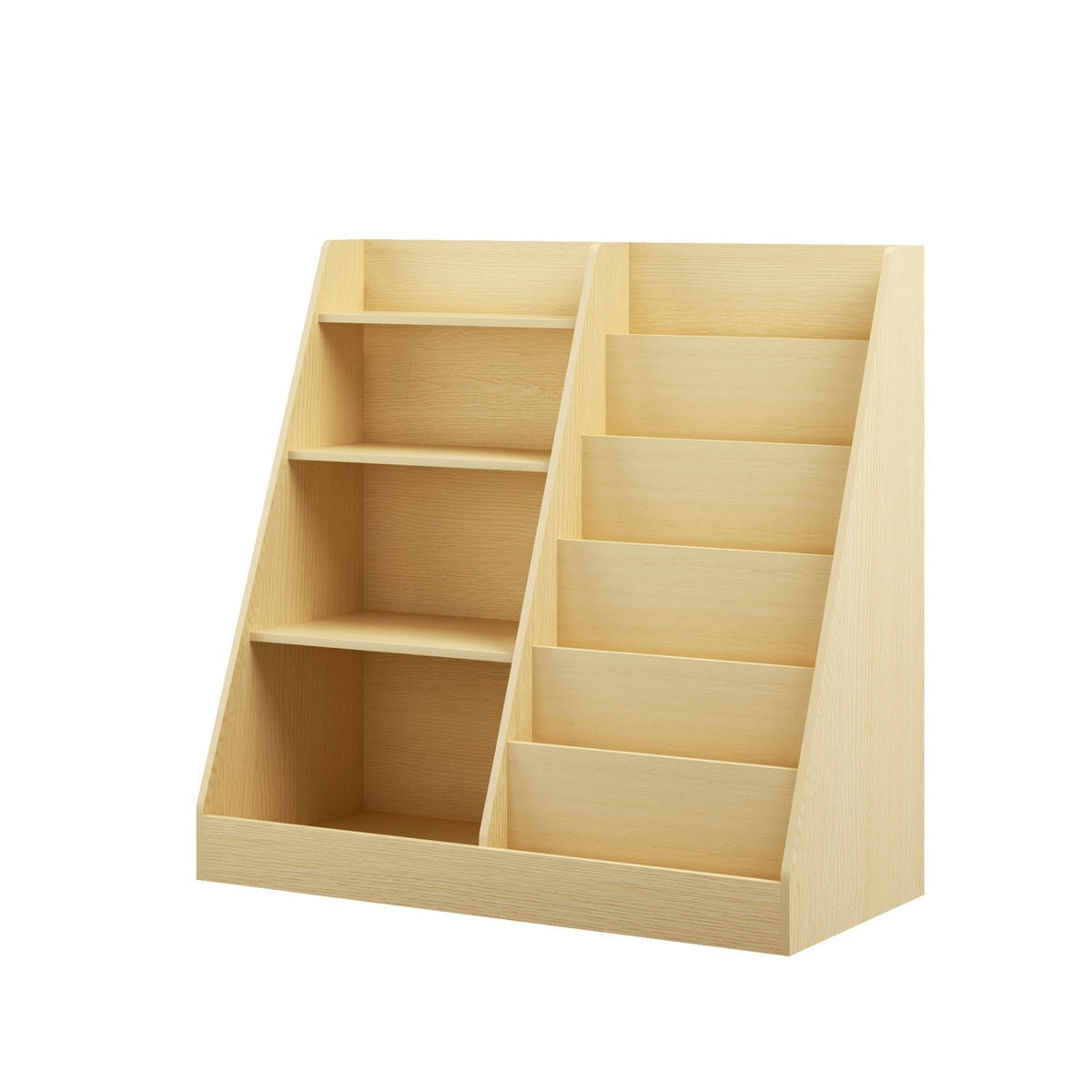 Light wood bookshelf organizer with divided shelves on both sides, open compartments