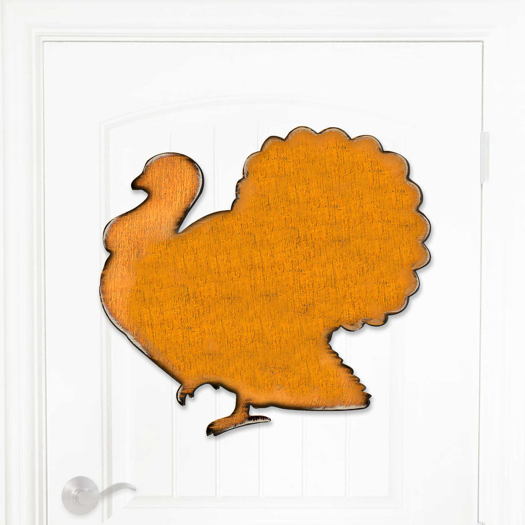 Orange wooden turkey door hanger, scalloped edge and hanging loop