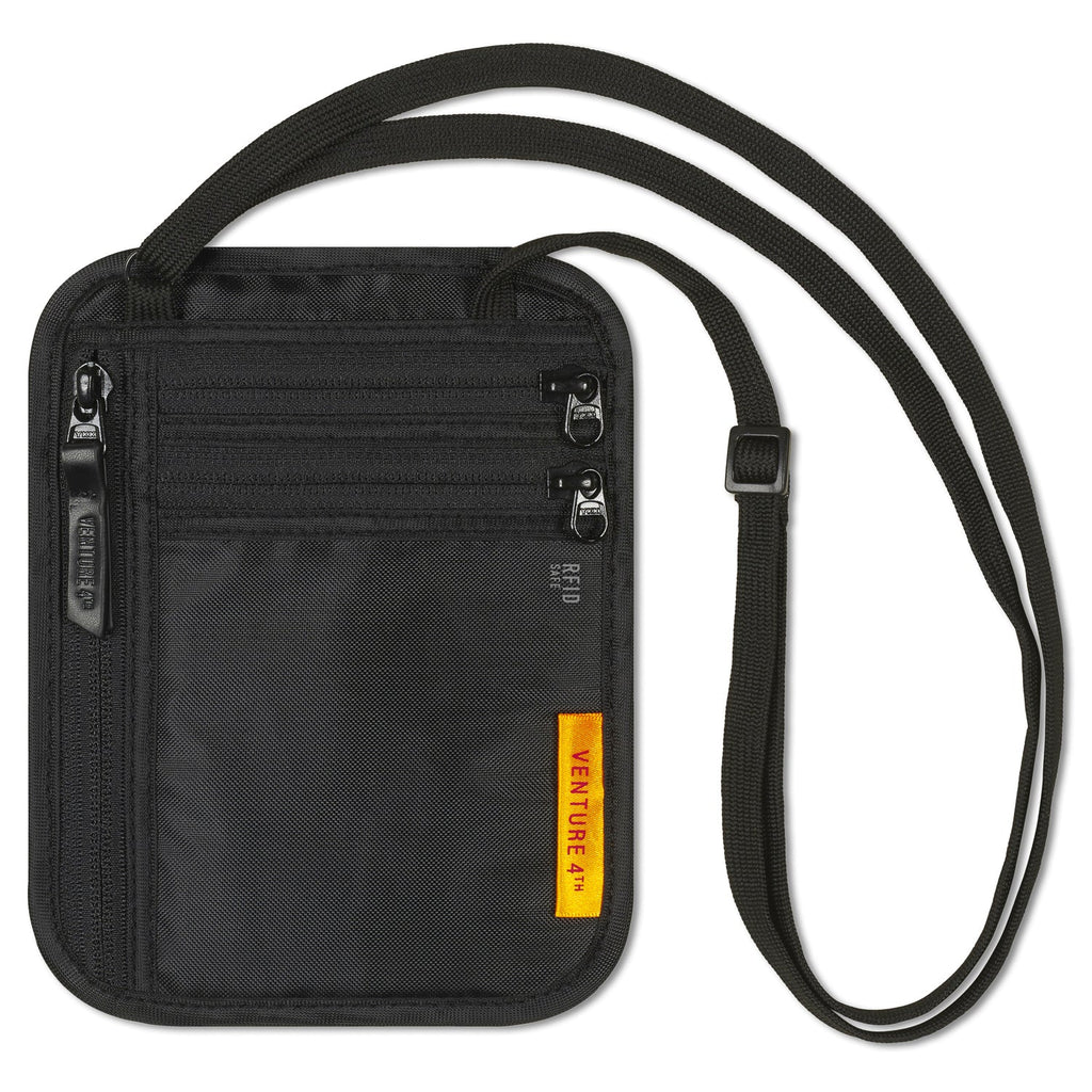 Black slim travel neck wallet with zip pockets and adjustable crossbody strap.