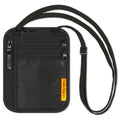 Black slim travel neck wallet with zip pockets and adjustable crossbody strap.