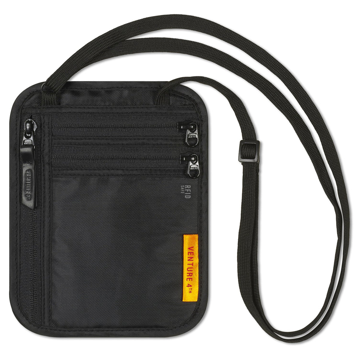 Black slim travel neck wallet with zip pockets and adjustable crossbody strap.