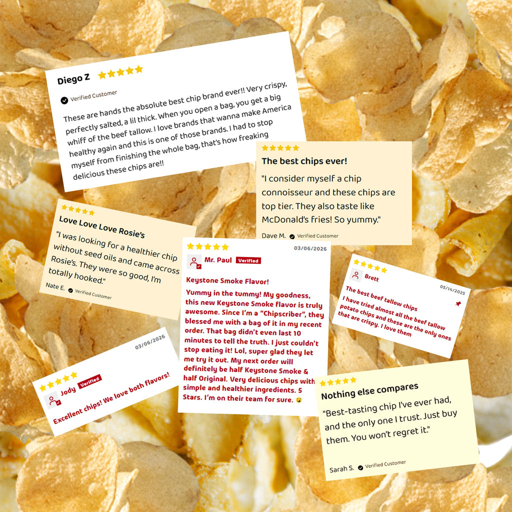 Customer review collage over a pile of tallow potato chips