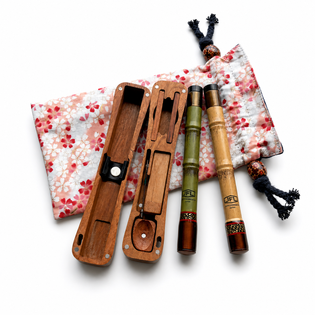 Pocket travel fishing kit with red floral pouch, tan wooden case, and green rods