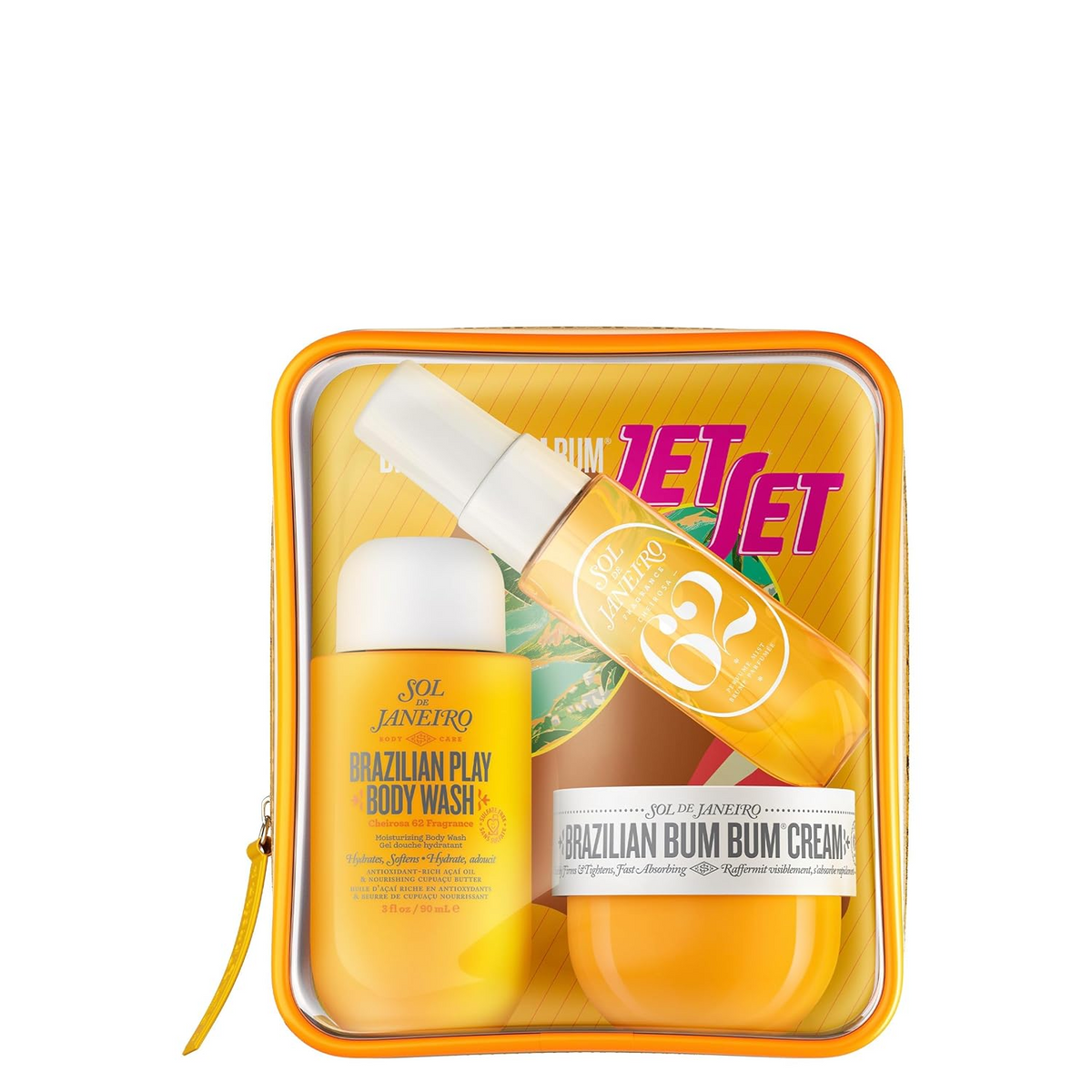 Travel body care set in orange zip case with body wash and bum cream bottles