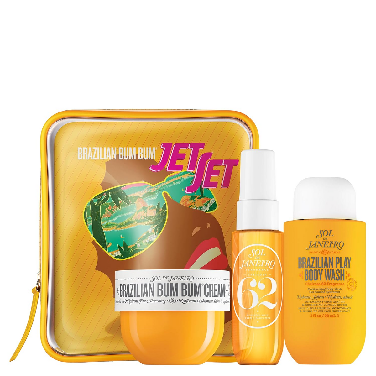 Jet set body care set with open orange case and three bottles