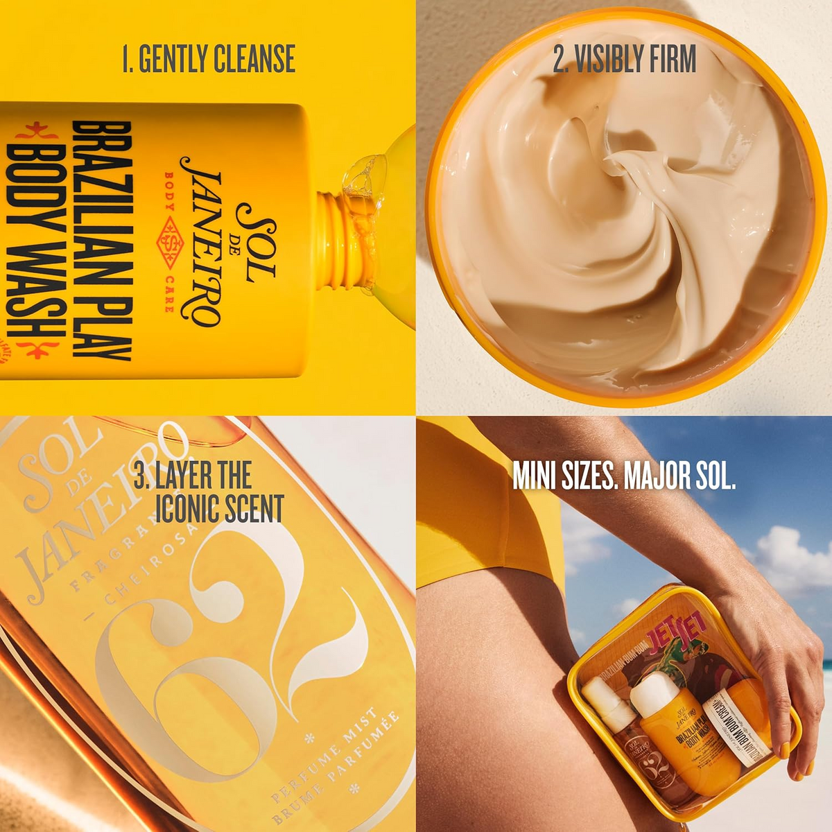 Mini travel body care set with gentle cleanse and visibly firm cream, shown swirled
