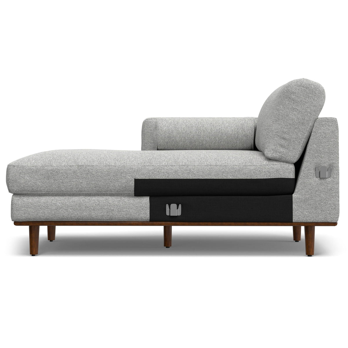 Gray upholstered sectional sofa with extended chaise, headrest back, and wooden legs