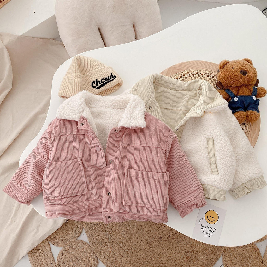 Warm children shirt set: pink corduroy jacket with sherpa collar plus beige jacket