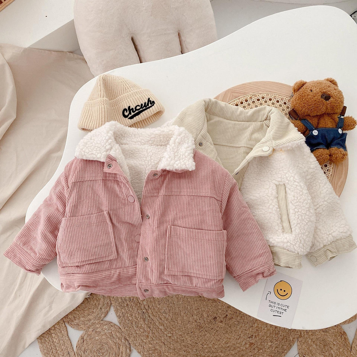 Warm children shirt set: pink corduroy jacket with sherpa collar plus beige jacket