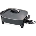 Presto electric skillet with glass lid, black base and side handles