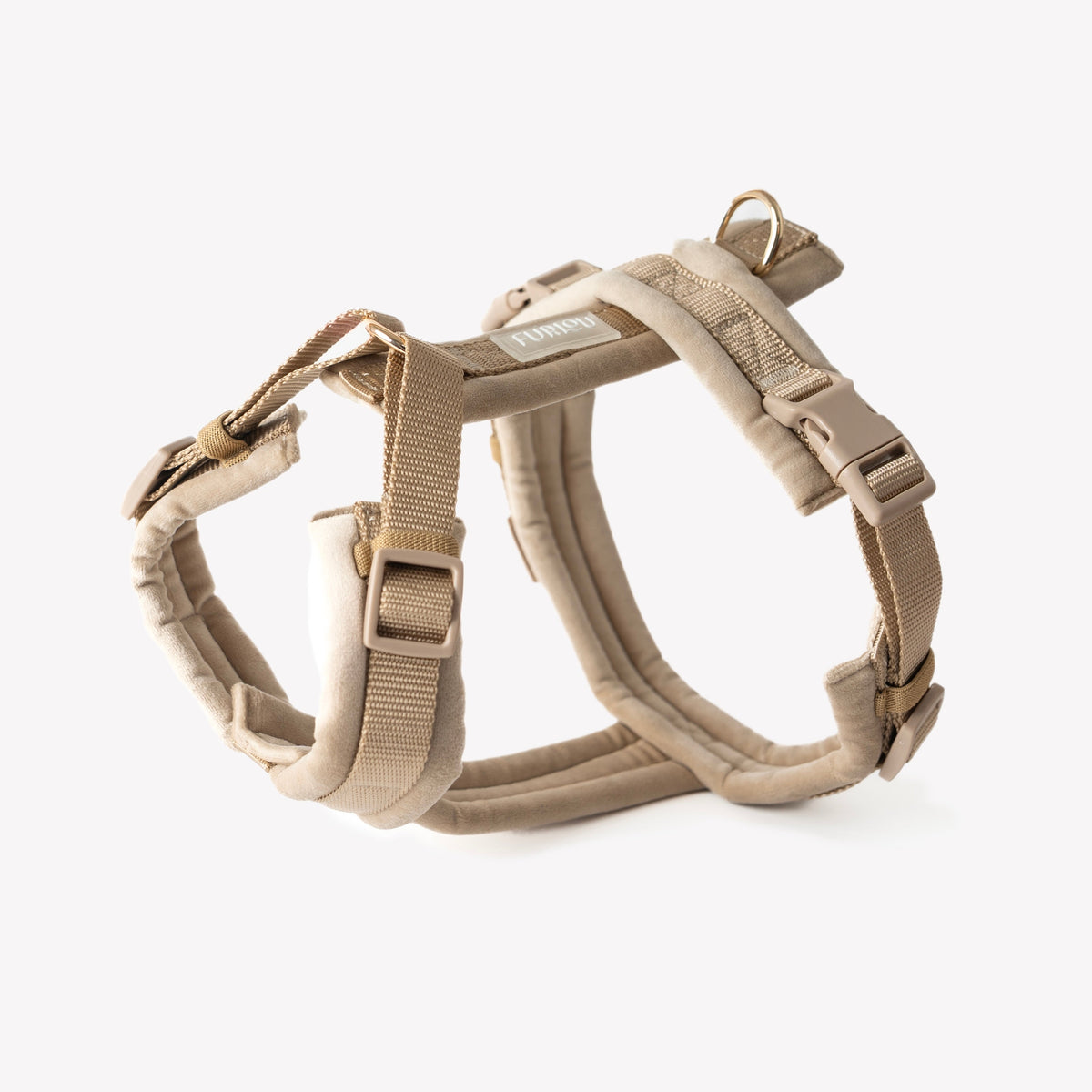 Sand velvet dog harness with padded straps, front D-ring, and adjustable beige buckles