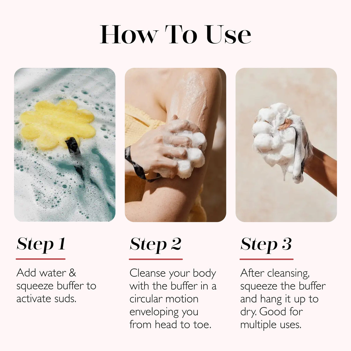 How to use steps showing squeeze-and-cleanse directions for shower sponge