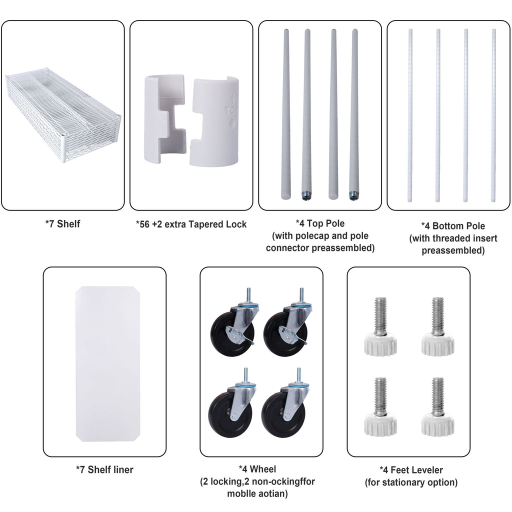 Wire shelf accessories set: shelf liner, extra taper locks, pole connectors, leveling parts
