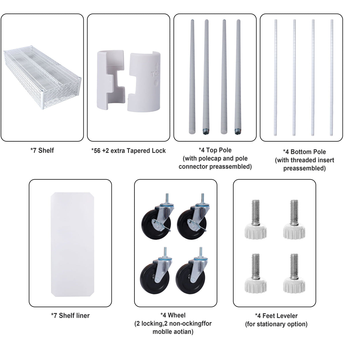 Wire shelf accessories set: shelf liner, extra taper locks, pole connectors, leveling parts
