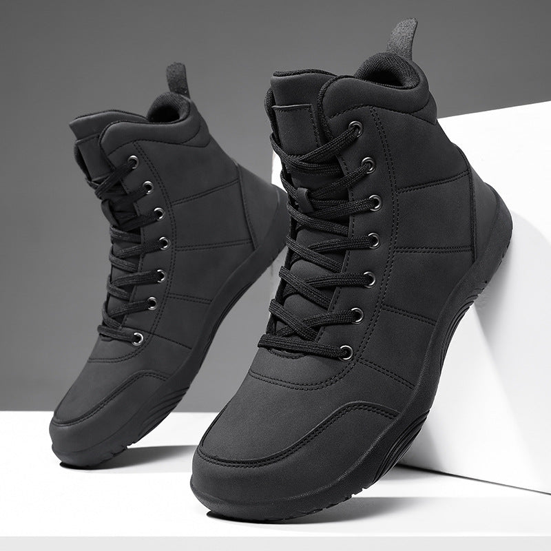 Men's black high-top hiking shoes with lace-up closure and thick grippy outsole