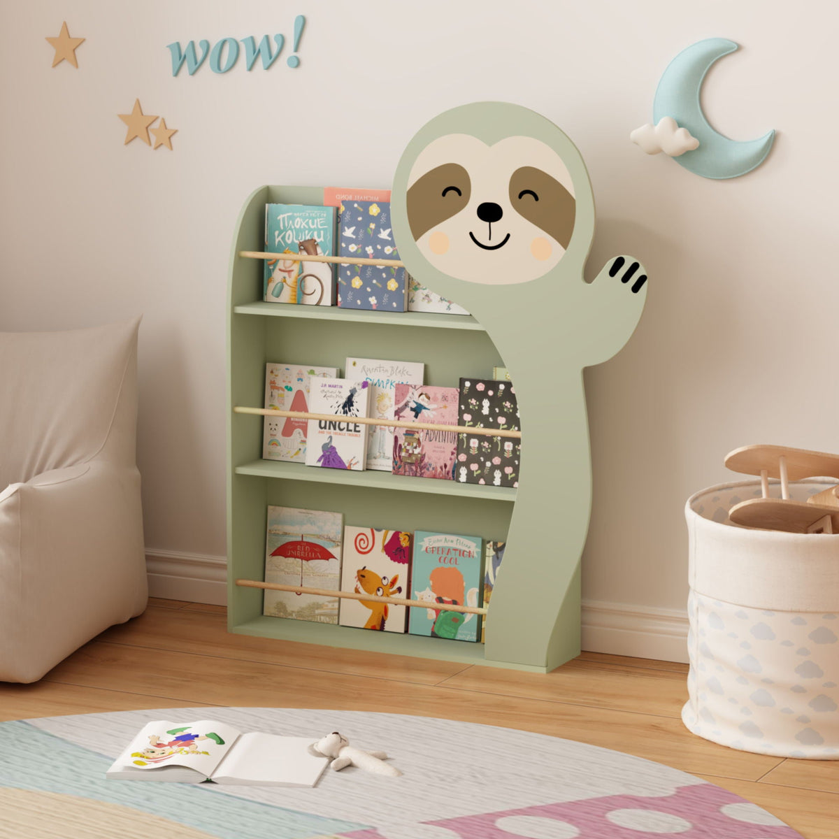 Sage green 3-tier toddler book display rack with sloth face and side cutout