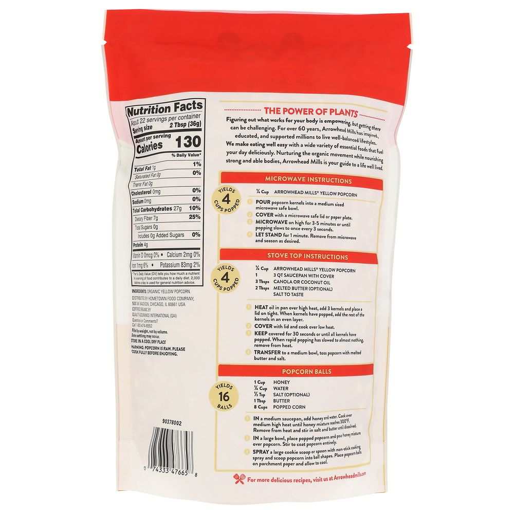 Organic yellow popcorn bag back label with nutrition facts and cooking directions
