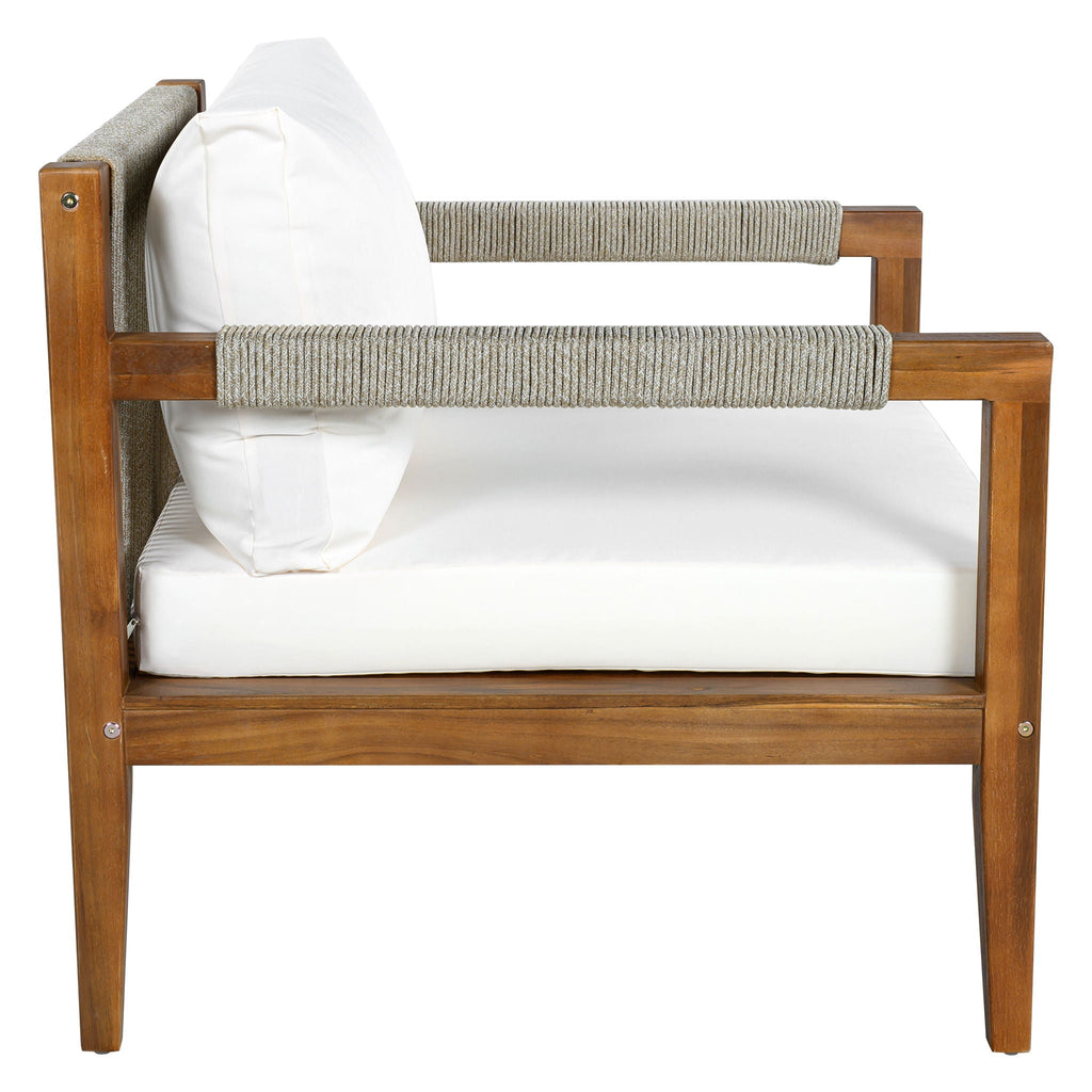 Outdoor accent chair with acacia wood frame, white cushions, gray rope backrest